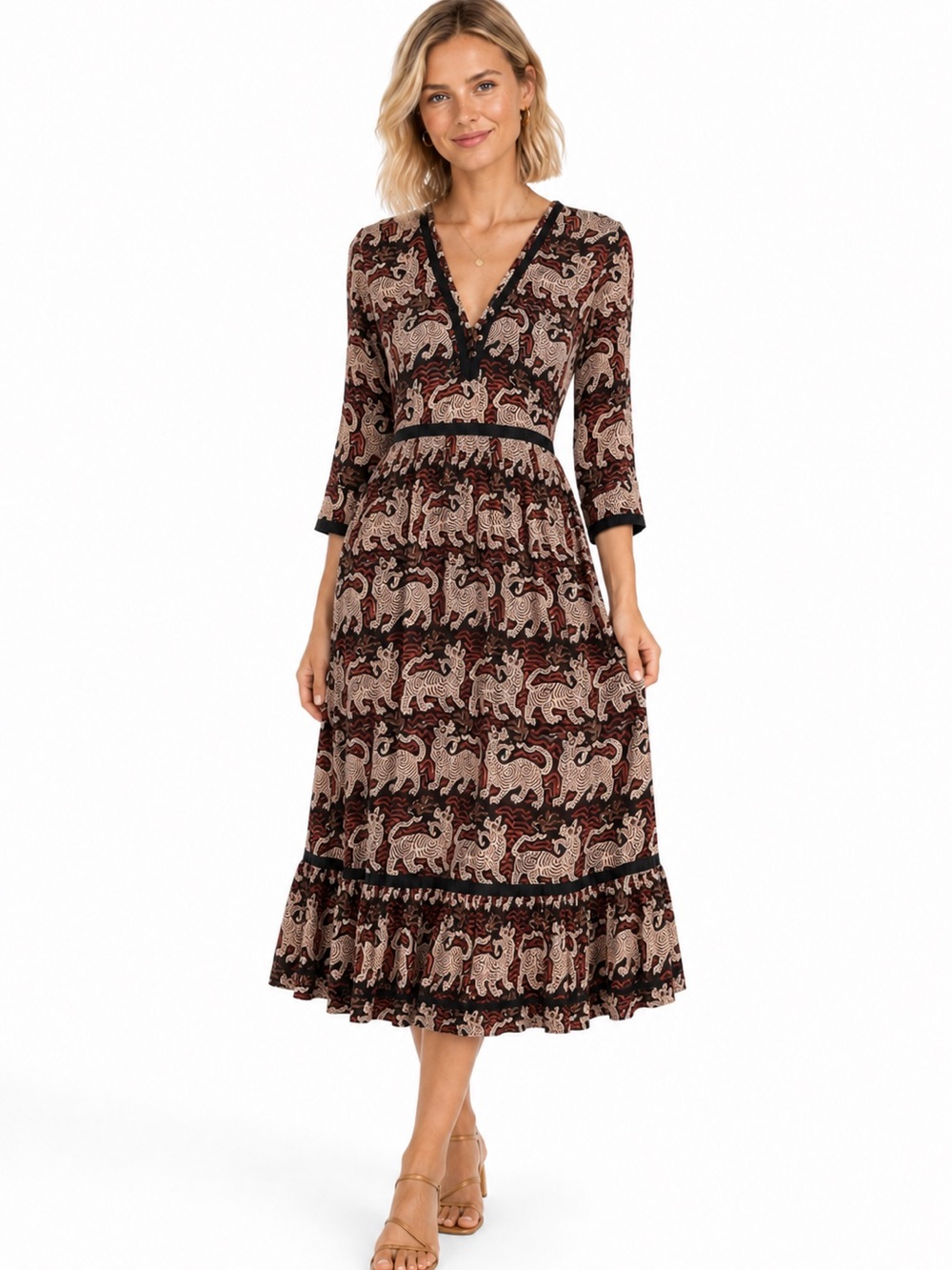 Kashish India Boho V-Neck Printed Midi Dress in Cream and Burgundy